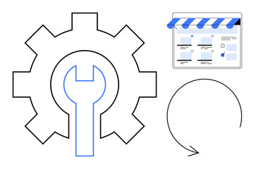 Large gear and wrench symbol representing technical maintenance next to a web browser window with tabs and refresh arrow. Ideal for website updates, tech support, software development, user interface