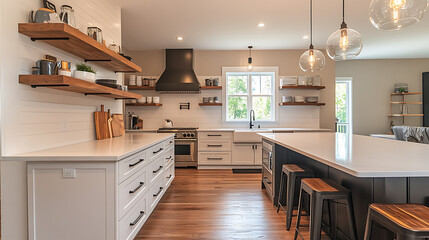 Wall Mural - A large kitchen with white cabinets and a white countertop