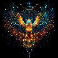 Canvas Print - Abstract digital phoenix, cosmic energy, wings spread.  Possible stock photo