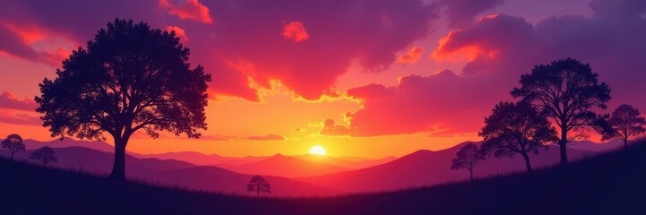 Wall Mural - Vibrant orange and purple sky, silhouetted trees, rays, warm