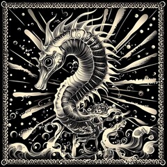 Wall Mural - Ornate seahorse illustration, artistic, detailed design, with waves and background elements. Possible use for print, textile, or digital art