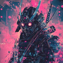 Sticker - Futuristic Samurai warrior, vibrant abstract background, digital art, possible use as wallpaper or poster