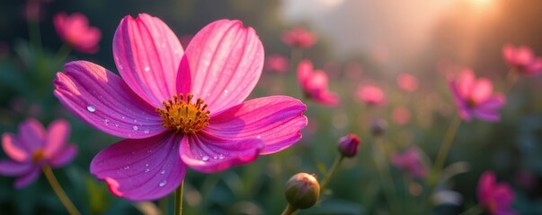 Poster - Close-up cosmos blossoms, dew drops, soft light , dew, plant