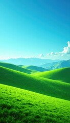 Poster - Rolling hills of vibrant green against a clear azure sky, photography, grass