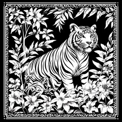 Wall Mural - Black and white tiger in a floral jungle setting. Possible use Coloring book or print