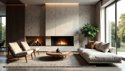 Wall Mural - Modern living room, soft textures, fireplace ambiance, area rug, stone, cream