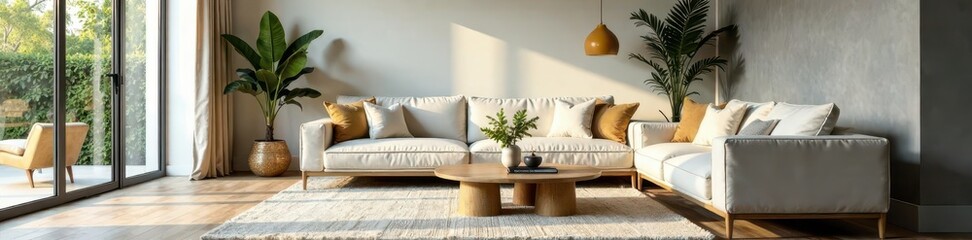 Wall Mural - Neutral living room, plush couches, large window, stylish rug , elegant, cozy living room