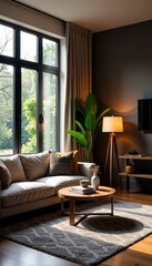 Wall Mural - Modern lighting illuminates cozy living room with large window, stylish decor , coffee table, warm