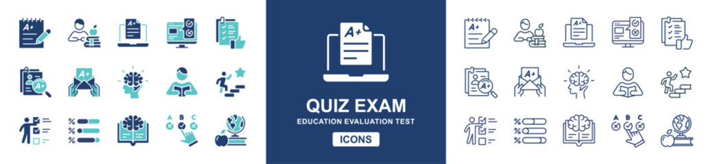 Aufkleber - education quiz exam icon set school evaluation test online questionnaire grade result pass score vector set student learning clipboard school performance signs line illustration