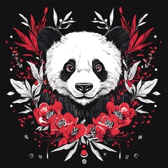 Wall Mural - Panda portrait in floral frame; artistic design; possible use as apparel print