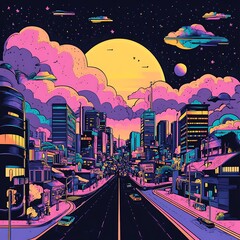 Sticker - Colorful cityscape at night, stylized illustration, road view, vibrant background, possible for posters or social media