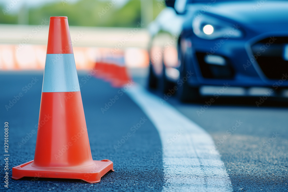 Driving school setup with a car and traffic cones. An orange cone ...