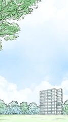 Wall Mural - Apartment building, park view, summer sky, peaceful scene, illustration