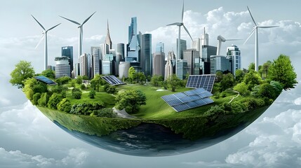 Poster - An depiction of a futuristic green smart city levitating in the sky surrounded by lush parks and self sustaining renewable energy sources like wind turbines and solar panels