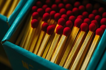 Leinwandbilder - Ignition's Potential: A close-up shot of a matchbox overflowing with striking, red-tipped matches, symbolizing ideas, innovation, and the spark of creation. 