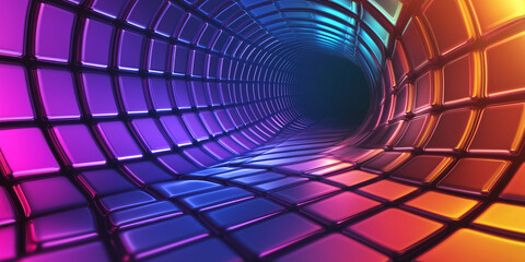 Poster - Colorful tunnel rotating with glowing neon tiles creating abstract background