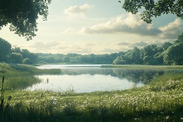 Wall Mural - Serene Lakeside Meadow at Dawn