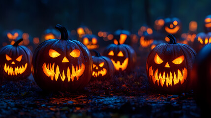 Halloween night with rows of scary orange jack o' lantern pumpkins, bright glowing eyes and creepy evil carved teeth will frighten any trick or treater. Temporal Warlocks. Illustration