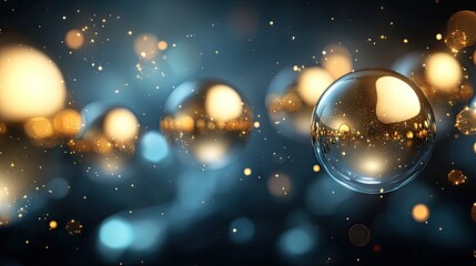 Golden spheres, dark blue background, bokeh lights, festive celebration, holiday backdrop