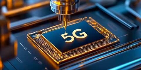 Leinwandbilder - Robotic arm building 5g microchip on motherboard in futuristic factory
