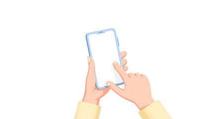 two hands using a light blue smartphone with a blank screen.