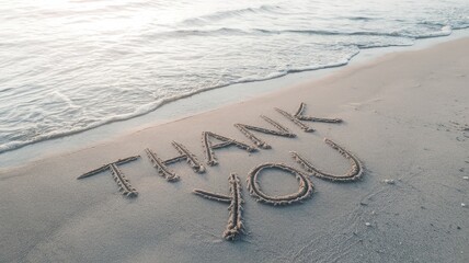 Canvas Print - Thank you message inscribed on the sandy shoreline at beach