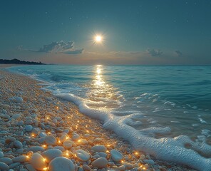 Wall Mural - Glowing beach stones and swirling golden sand sparkle under moonlit green sea