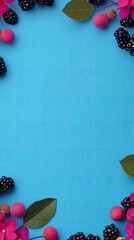 Canvas Print - Blue background, berry frame, pink fruit, leaves, food blog