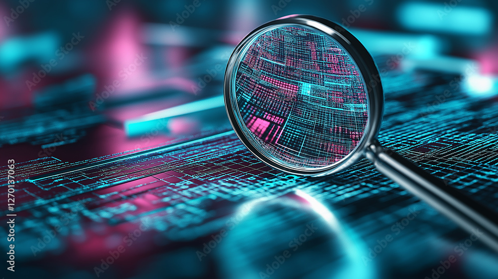 Magnifying glass exploring abstract digital data stream: cybersecurity ...