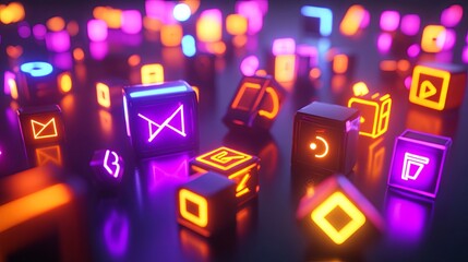 Glowing digital symbols in abstract form, representing the essence of modern coding and technology.
