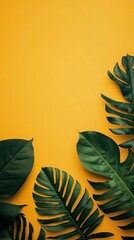 Wall Mural - Tropical leaves on yellow background; summer design