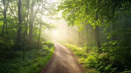 Wall Mural - serene pathway winds through lush forest, illuminated by soft sunlight filtering through trees, creating tranquil atmosphere