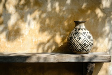 Rustic ceramic vase with geometric patterns resting on a wooden shelf against a textured wall