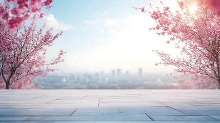 Wall Mural - Serene Spring Cityscape: Pink Cherry Blossoms and Tranquil Urban View