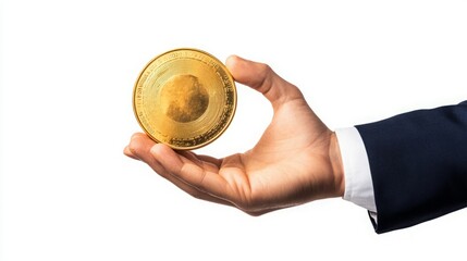 A hand in a suit holds a gold cryptocurrency coin.  Business, finance, and digital currency concepts.