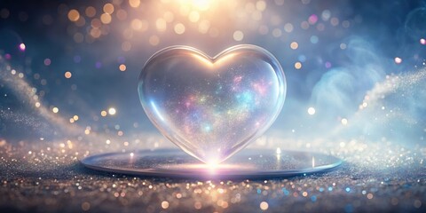 Wall Mural - a luminous glass heart filled with cosmic dust rests gently on a shimmering surface, surrounded by a