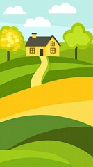 Wall Mural - Yellow house on green hill, sunny day, path leads to door, pastoral scene, website banner