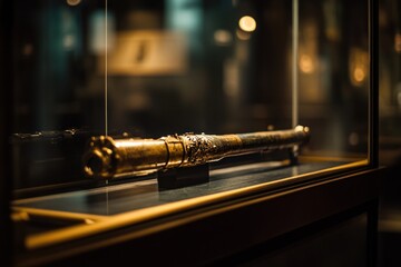 Ornate Antique Telescope in a Glass Case at Museum Display