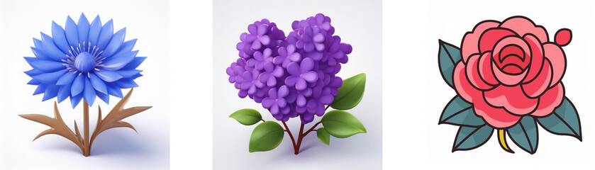 Wall Mural - three floral illustrations depict a blue cornflower, a purple lilac cluster in a heart shape, and a 