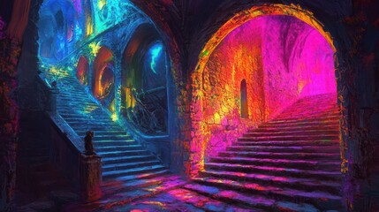 Poster - Vibrant Neon Lit Stairwells In An Ancient Castle