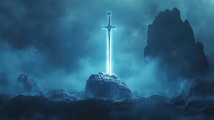 Wall Mural - Glowing Sword Embedded In Stone Amongst Misty Mountains