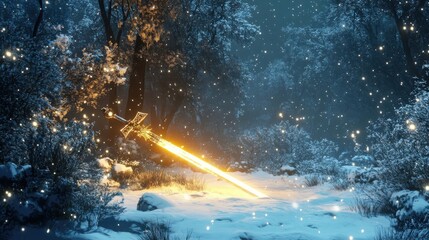 Wall Mural - Glowing Sword Lies in Snowy Winter Forest