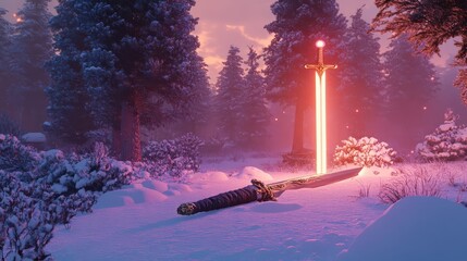 Wall Mural - A glowing sword lies in a snowy winter forest