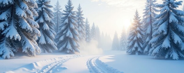 Ethereal smoke wafts across a winter wonderland, trees, white