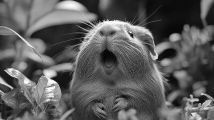 Wall Mural - Guinea Pig Yawning Amidst Lush Green Foliage