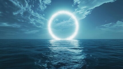 Wall Mural - Luminous Ring Above Calm Ocean Waters Under Cloudy Sky