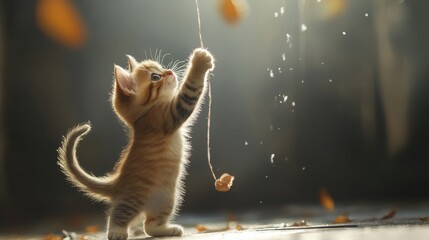 Wall Mural - Playful Kitten Reaches for String Toy Outdoors