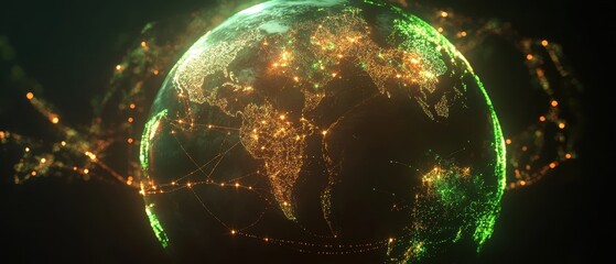 Canvas Print - A digital representation of Earth, illuminated with vibrant green and orange lights, symbolizing connectivity and global networks.