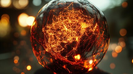 Wall Mural - futuristic neural network globe with glowing data threads and abstract digital figures representing 