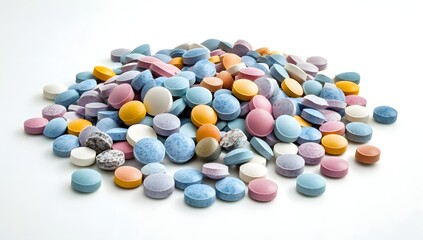 Colorful pills pile on white background (1)